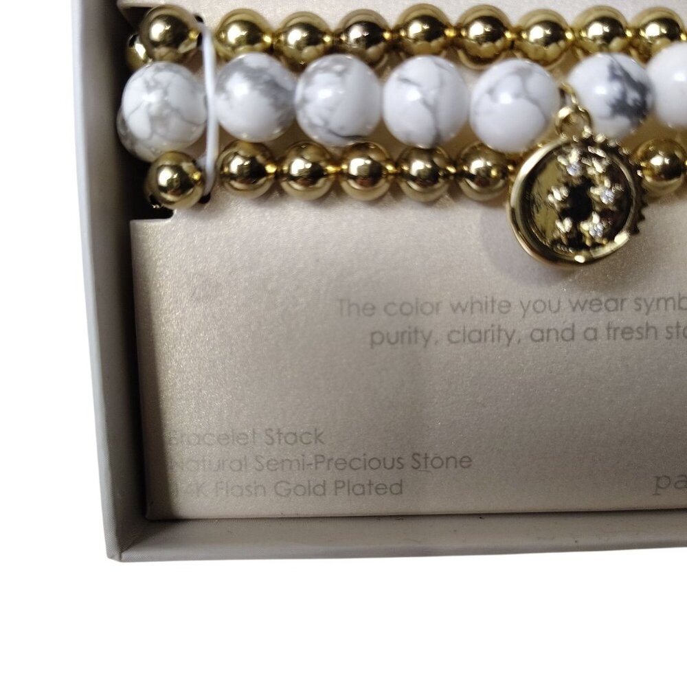 White Color Therapy Adjustable Bracelet Stack Natural Stone and 14K Gold Plated - Picture 2 of 4